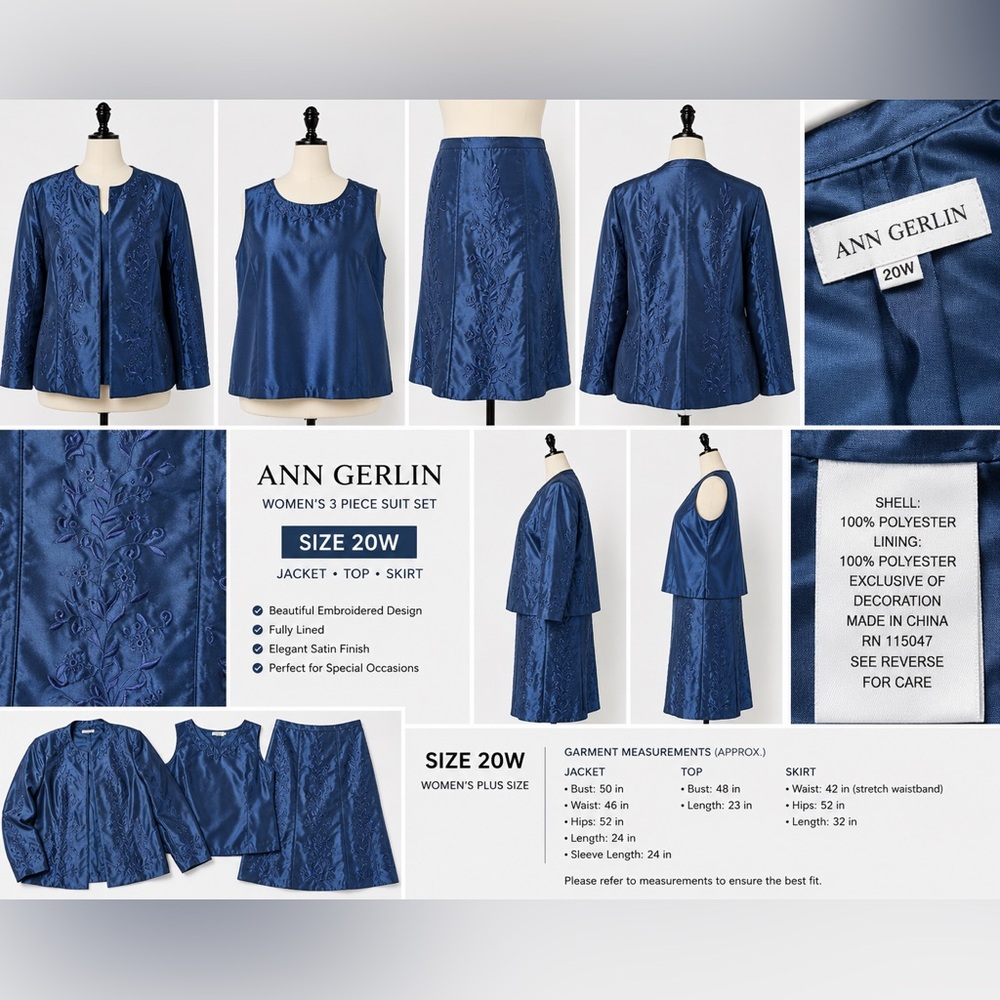 Vintage Ann Gerlin Blue Satin Embroidered 2-Piece Skirt Suit Set